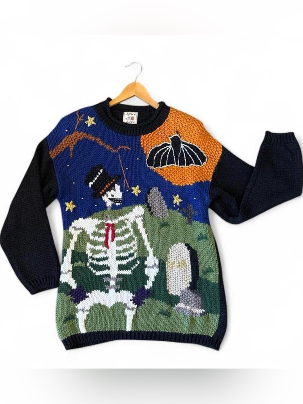 Vintage 90s Spice of Life Halloween Skeleton Graveyard Sweater Bat Skeleton M